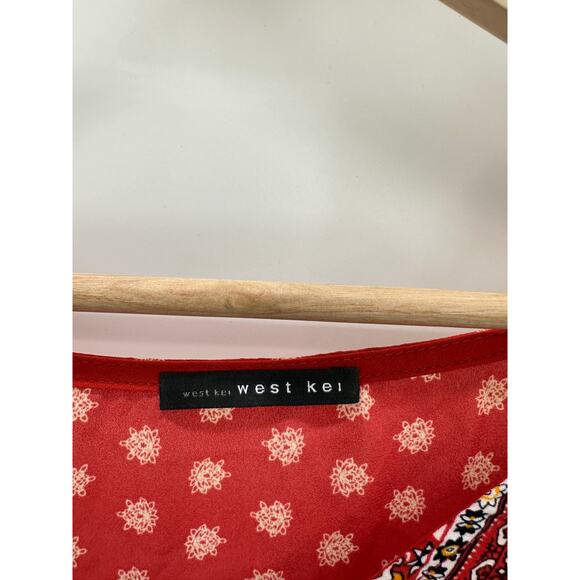 West Kei Top Women LARGE Talina Rust Red Printed V-Neck Tie Front Blouse - Picture 7 of 10